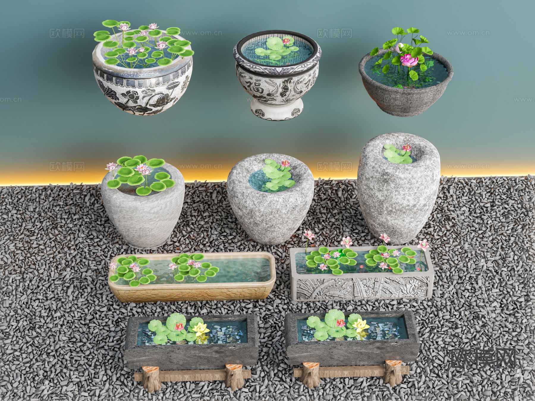 新中式庭院水景 荷花池3d模型下载