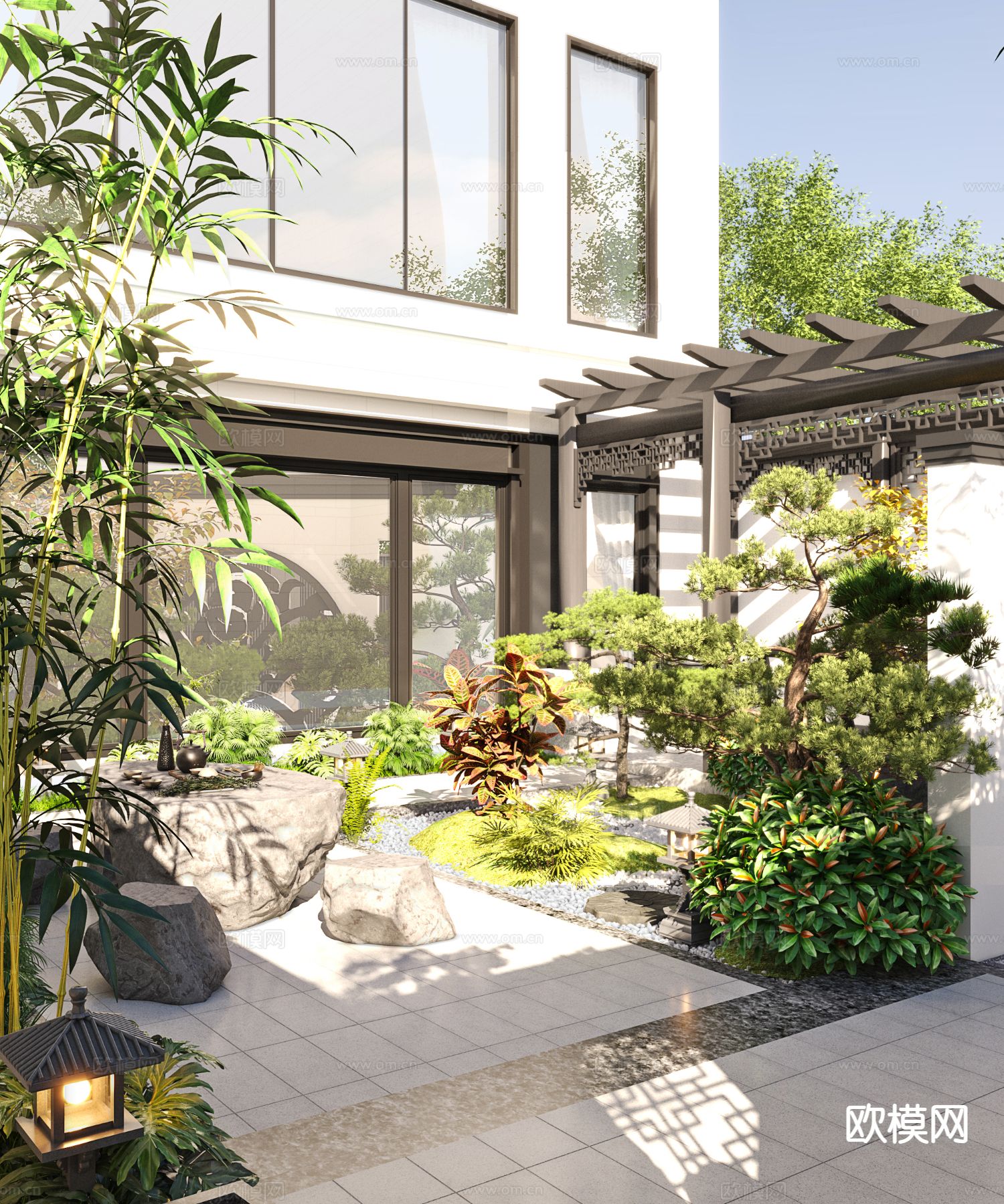 新中式花园 别墅庭院3d模型下载（渲染图1）