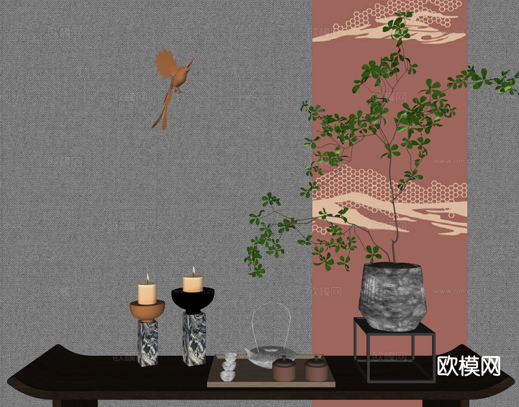 新中式茶壶 茶杯su模型下载（渲染图1）