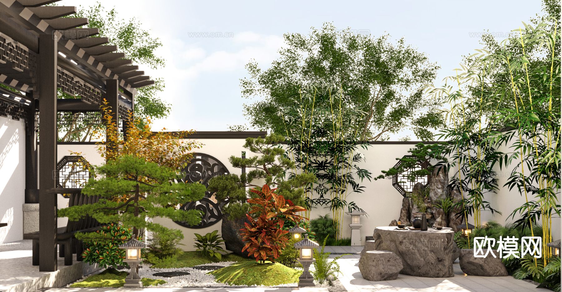 新中式花园 别墅庭院3d模型下载（渲染图2）