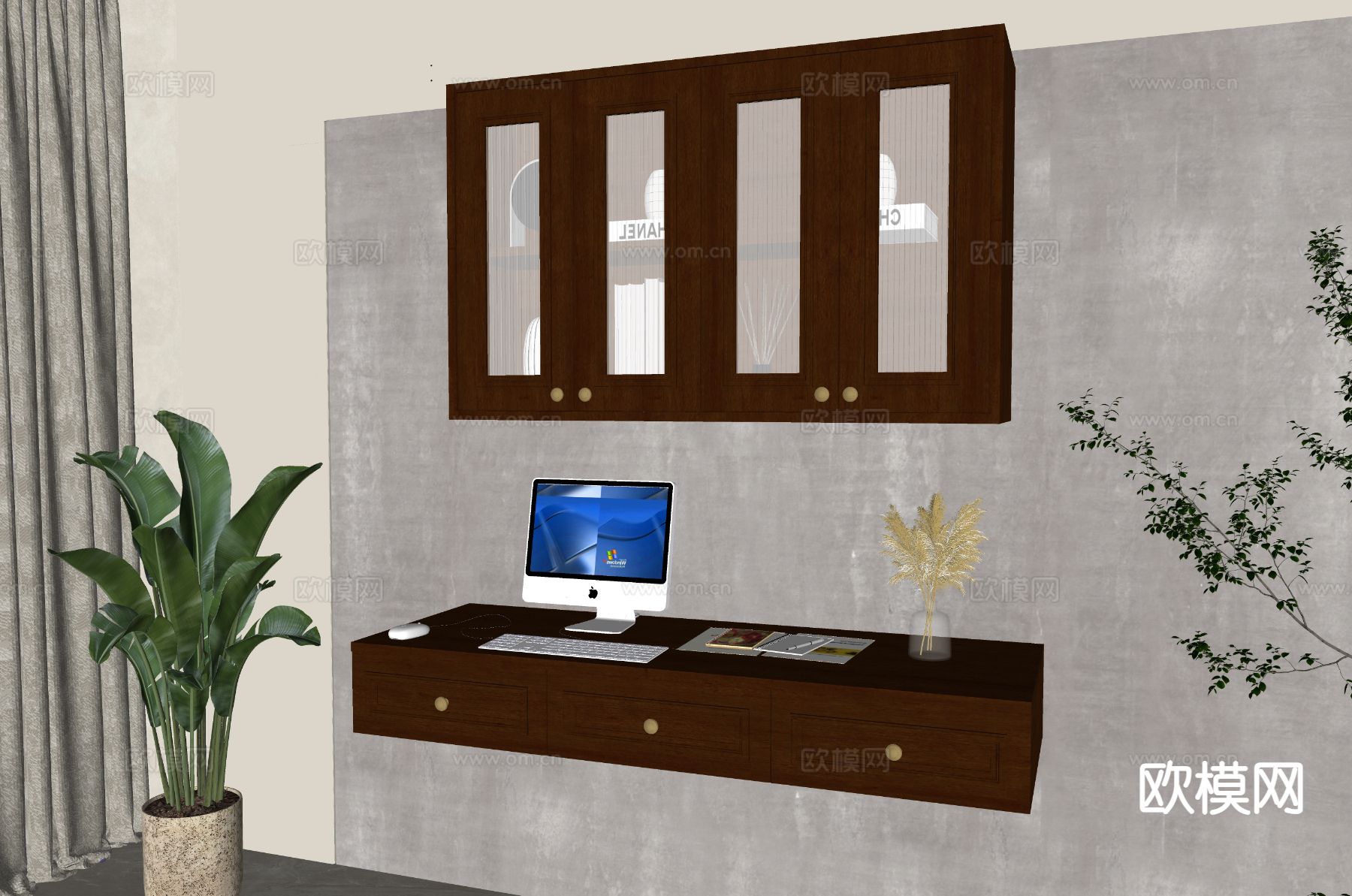 美式壁挂式书柜 书桌su模型下载（渲染图1）