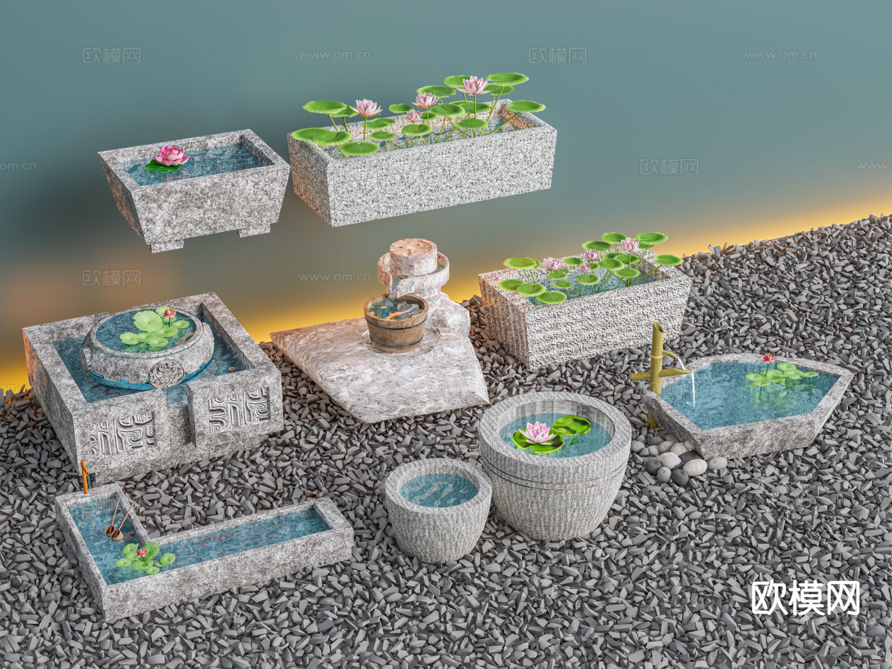 新中式庭院水景 荷花池 马槽3d模型下载