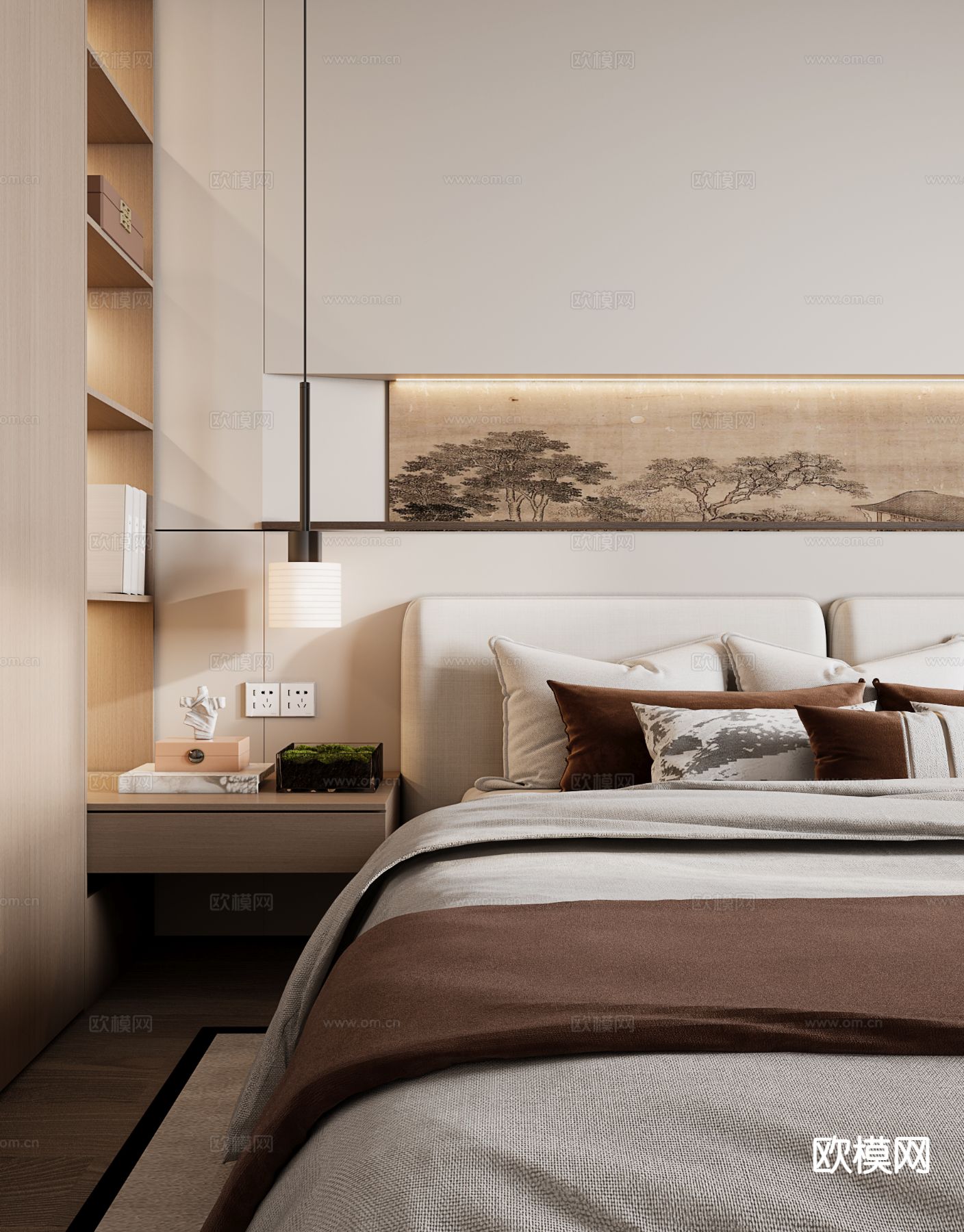 新中式卧室 主卧 宋式风卧室3d模型下载（渲染图2）