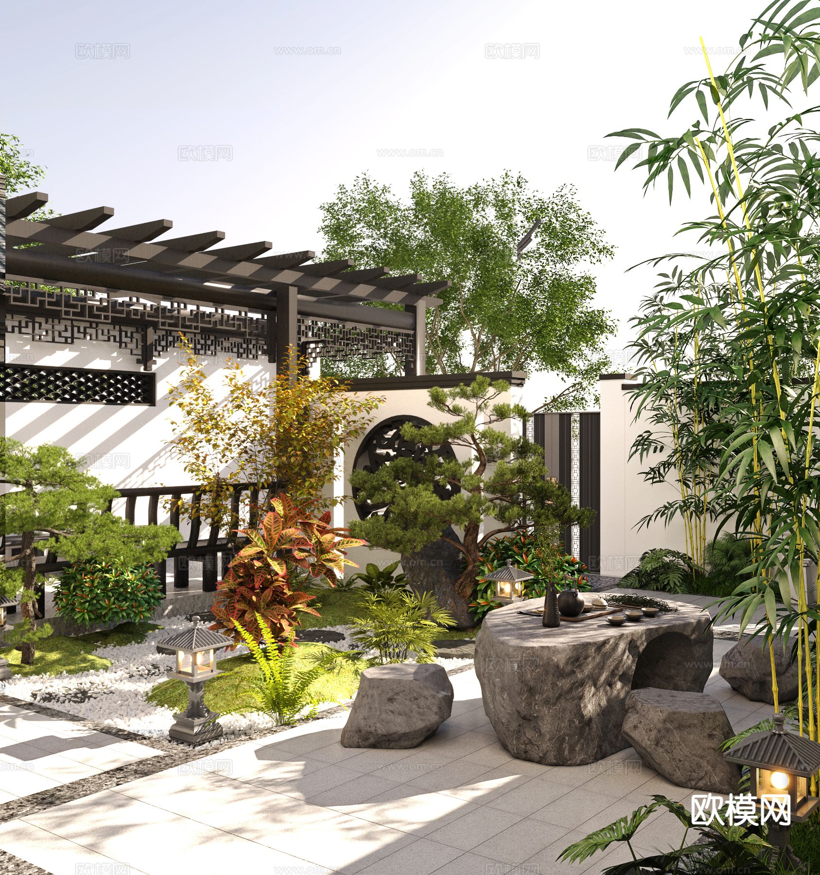 新中式花园 别墅庭院3d模型下载（渲染图4）