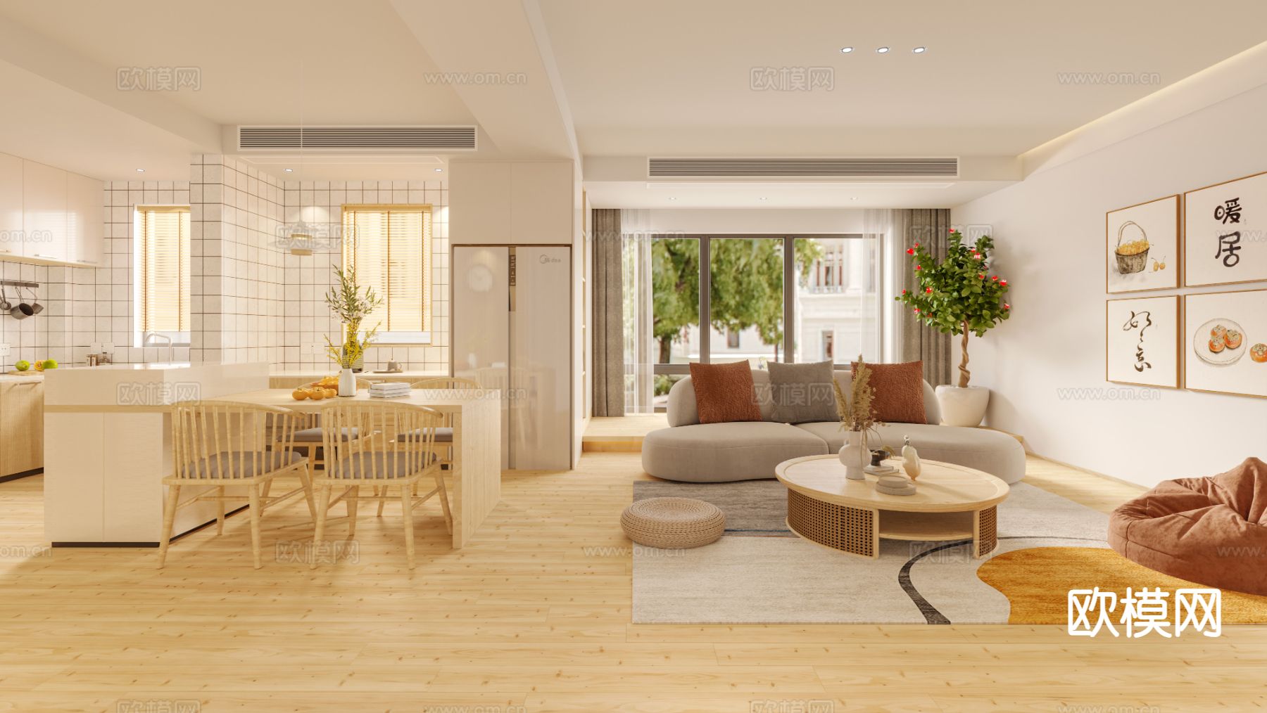 日式客餐厅 岛台3d模型下载（渲染图1）