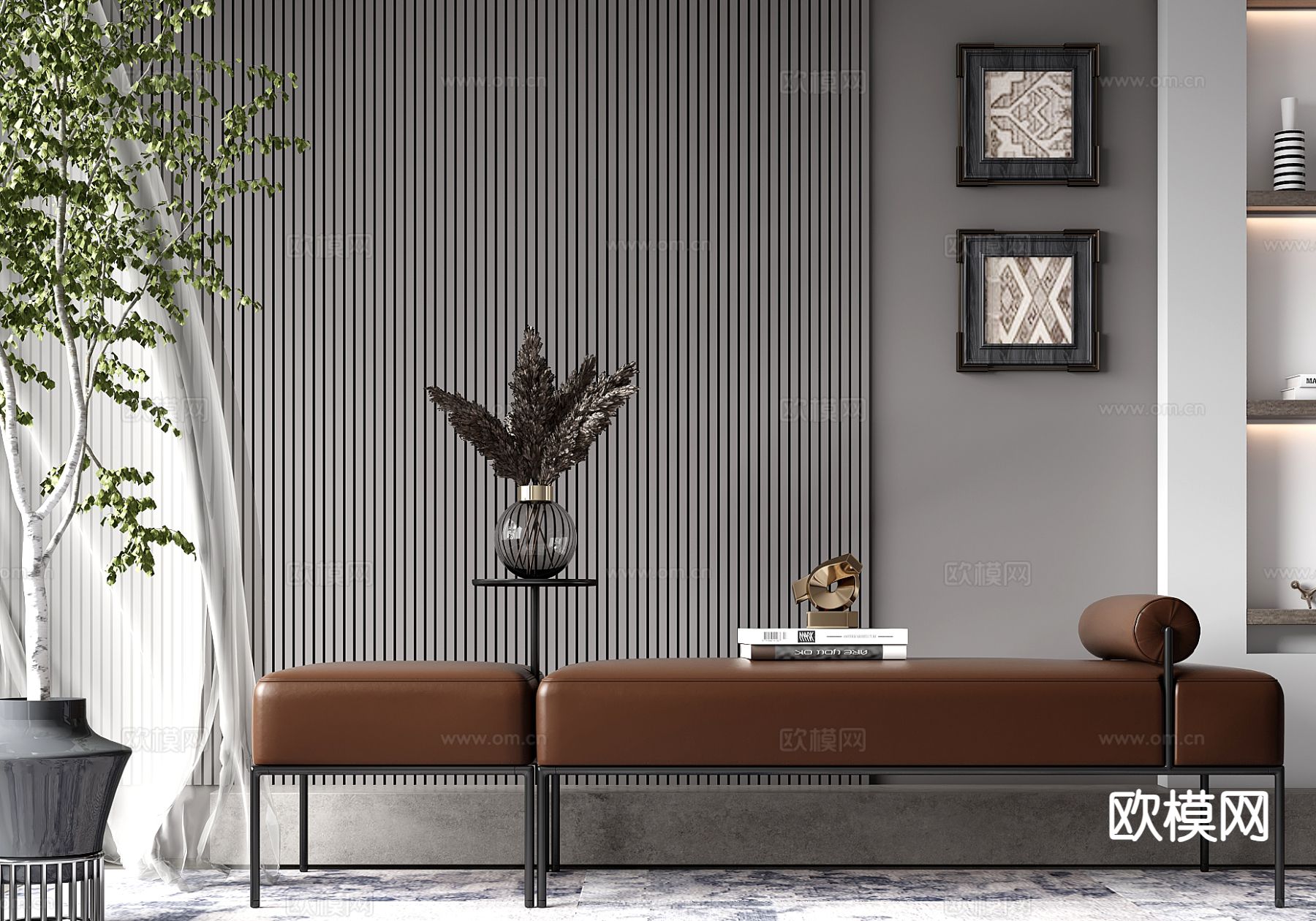 现代沙发凳 床尾凳su模型下载（渲染图2）