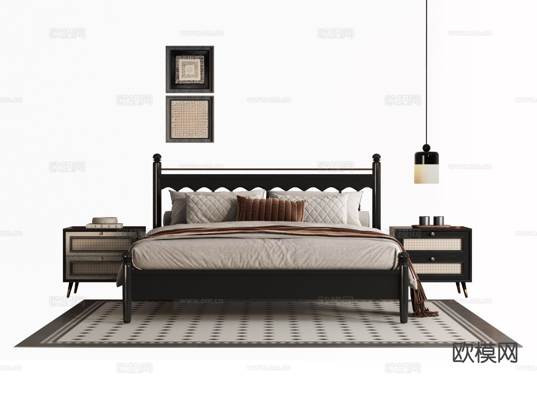 中式双人床3d模型下载