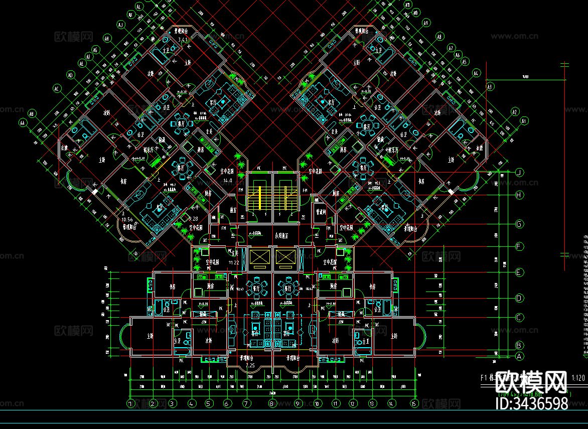 高层住宅户型经典CAD图库下载（渲染图1）