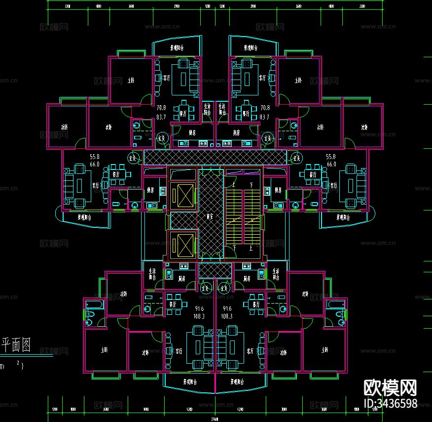 高层住宅户型经典CAD图库下载（渲染图4）