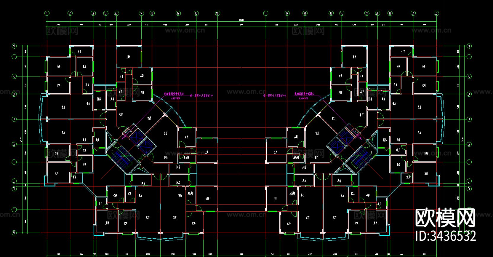 高层小区建筑CAD平面图下载（渲染图4）