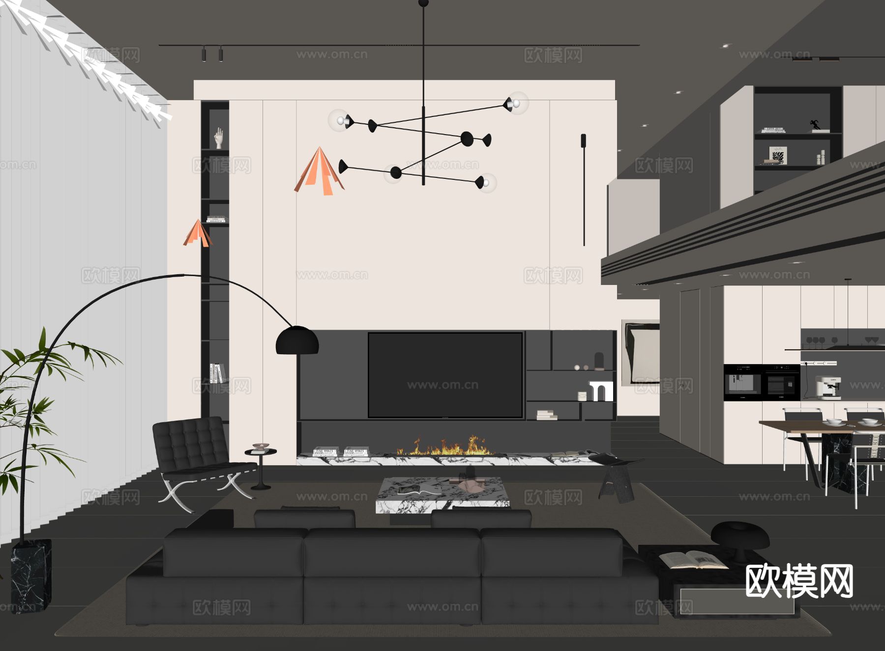 现代别墅大堂 挑空客厅su模型下载（渲染图1）