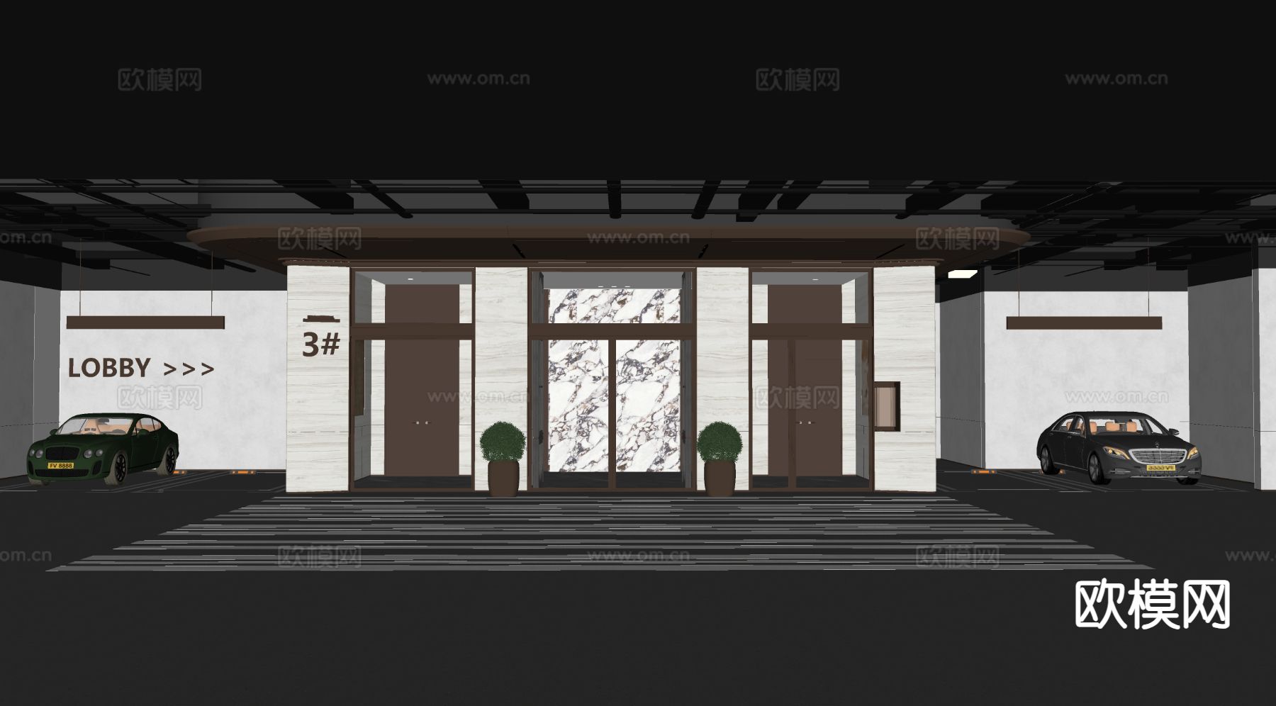 现代地下车库su模型下载（渲染图1）
