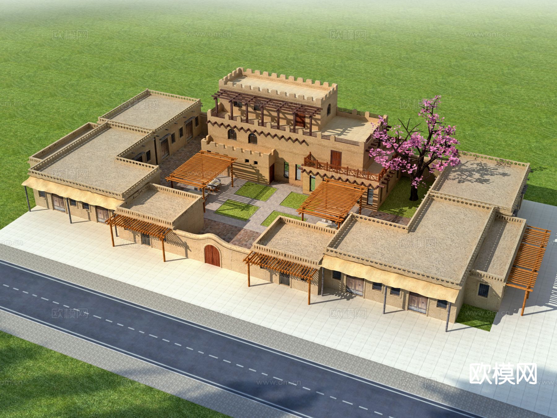 西北夯土民宿 敦煌建筑3d模型下载（渲染图1）