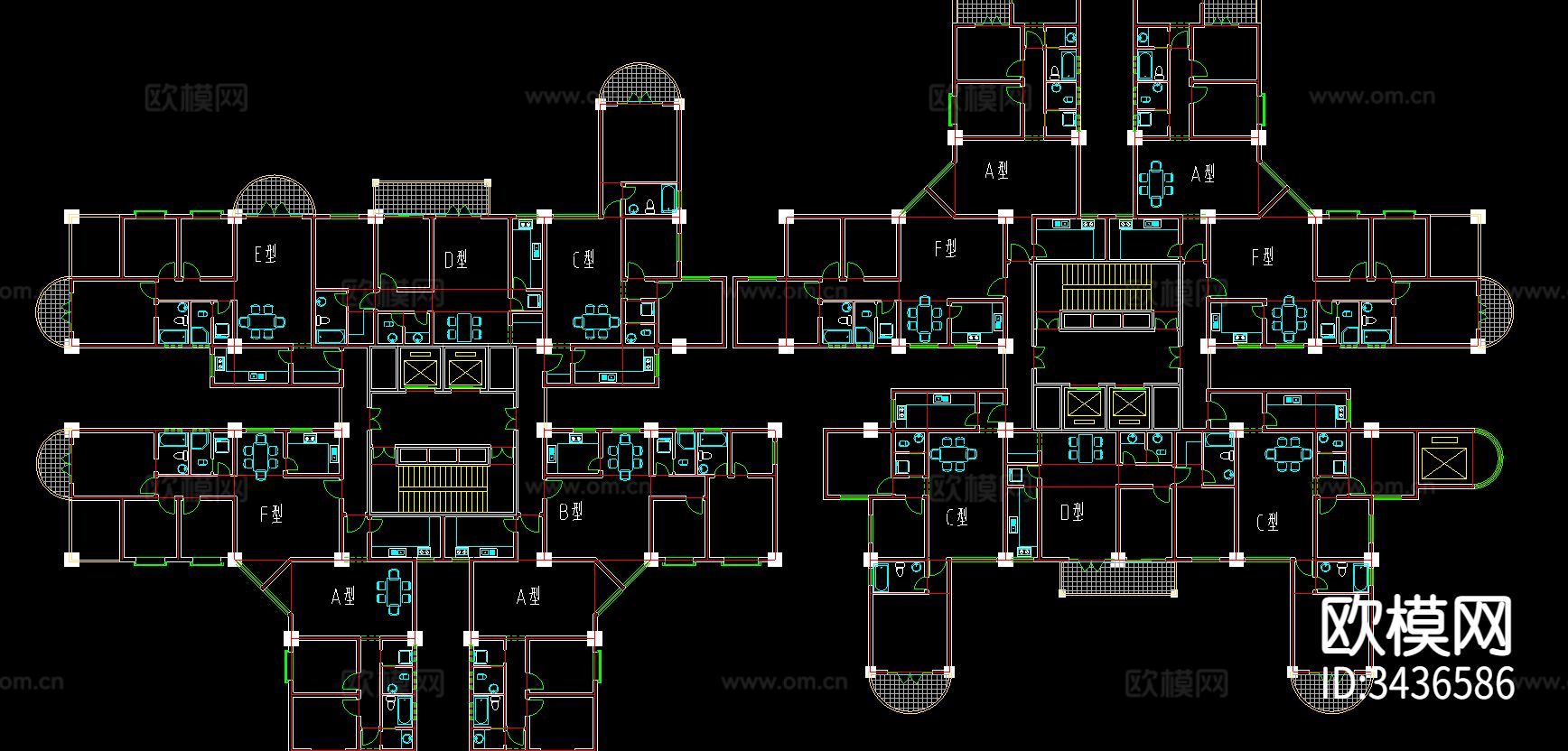 高层住宅户型建筑CAD图库下载（渲染图4）