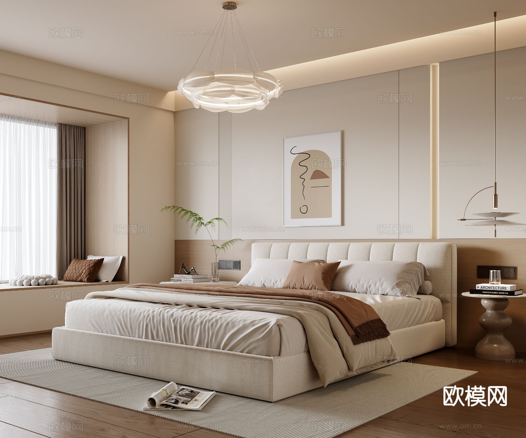 奶油风卧室 主卧 主人房su模型下载（渲染图2）