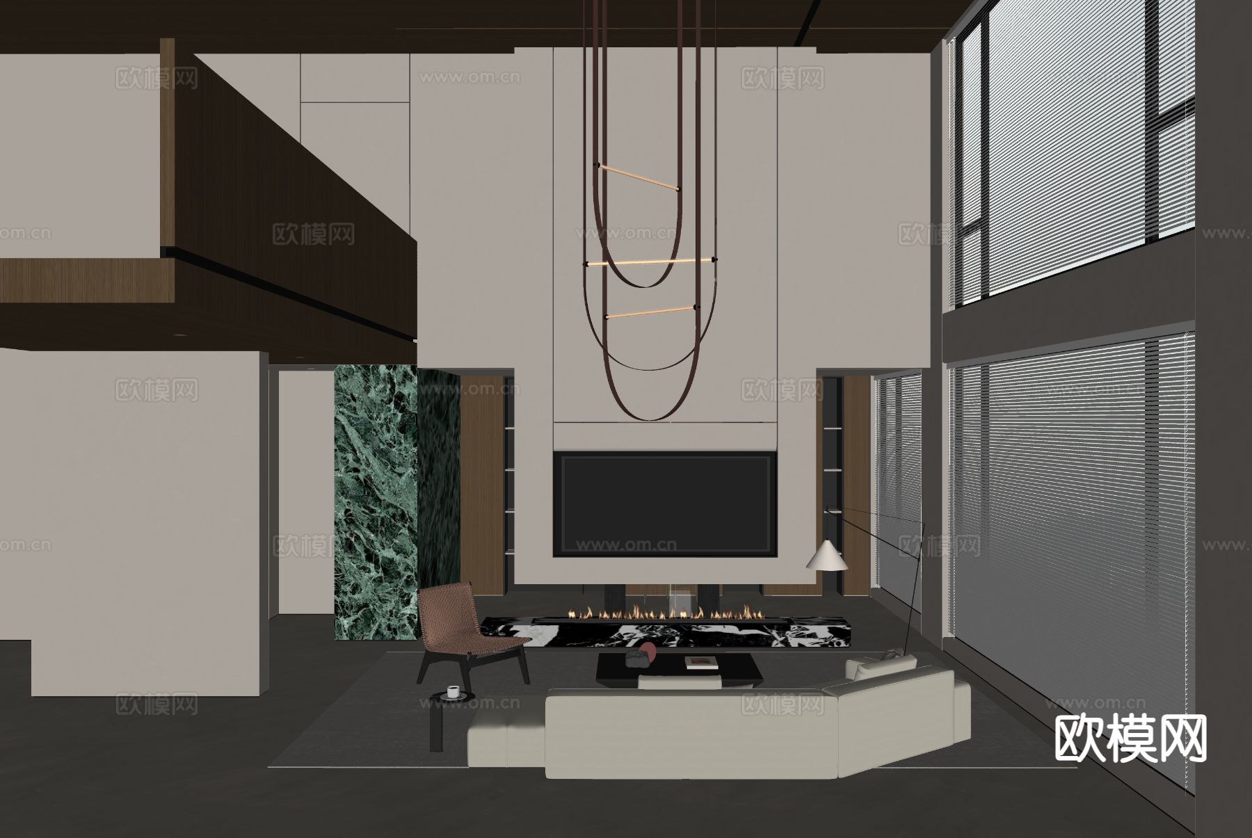 极简挑空客厅 别墅大堂su模型下载（渲染图1）