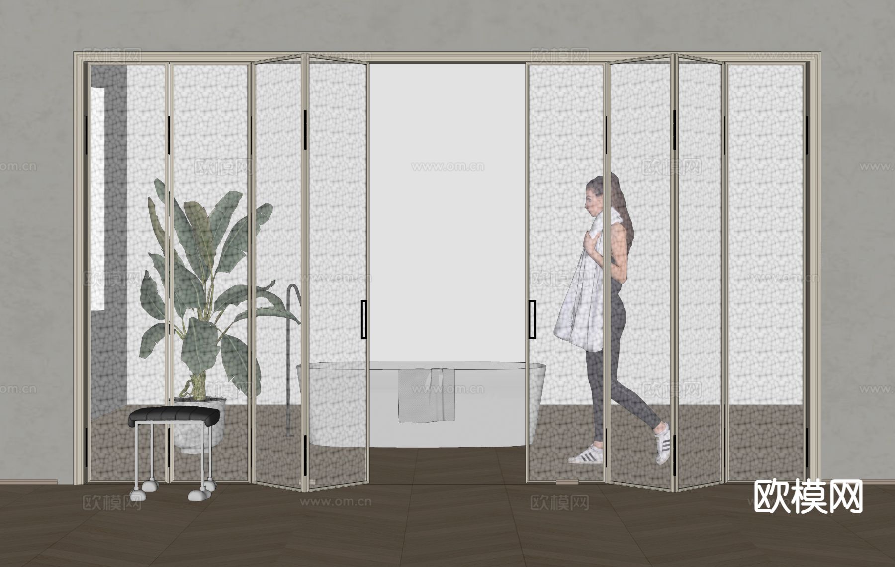 奶油风折叠门 玻璃门su模型下载（渲染图1）