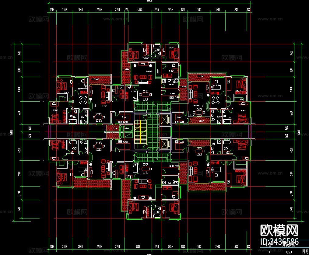 高层住宅户型建筑CAD图库下载（渲染图3）