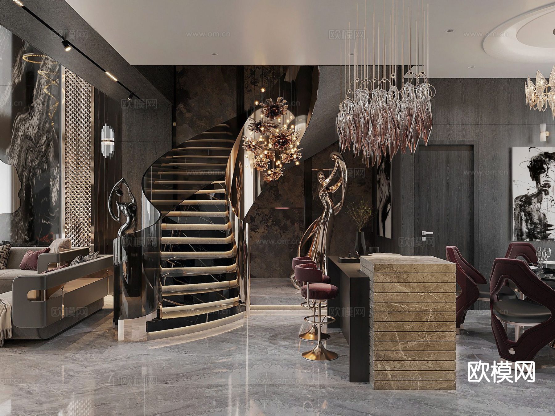 别墅客厅 别墅中空3d模型下载（渲染图4）