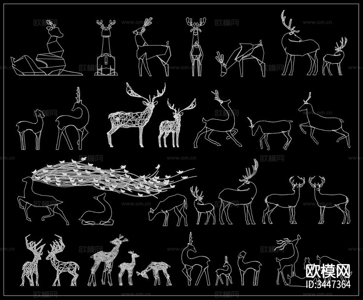麋鹿雕塑小品cad图库下载（渲染图2）