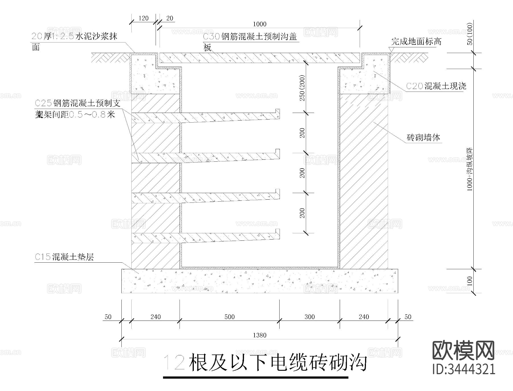 常用电缆沟cad大样图下载（渲染图5）