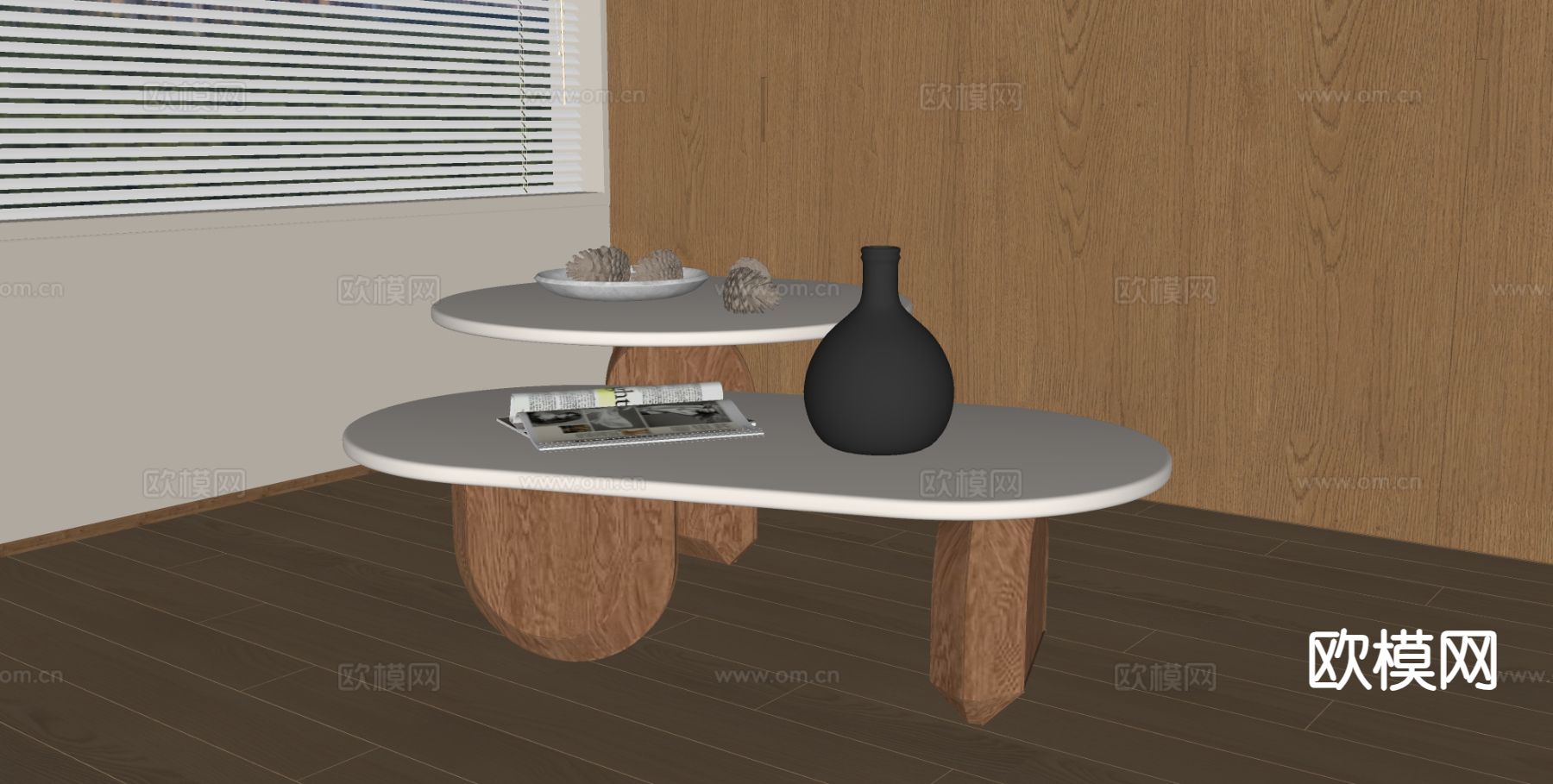 原木风子母茶几su模型下载（渲染图1）