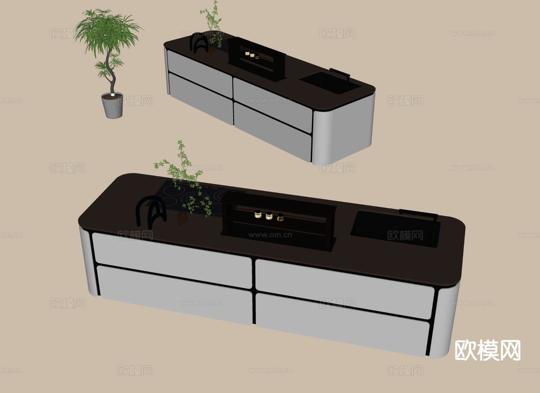 现代橱柜岛台 操作台su模型下载（渲染图1）