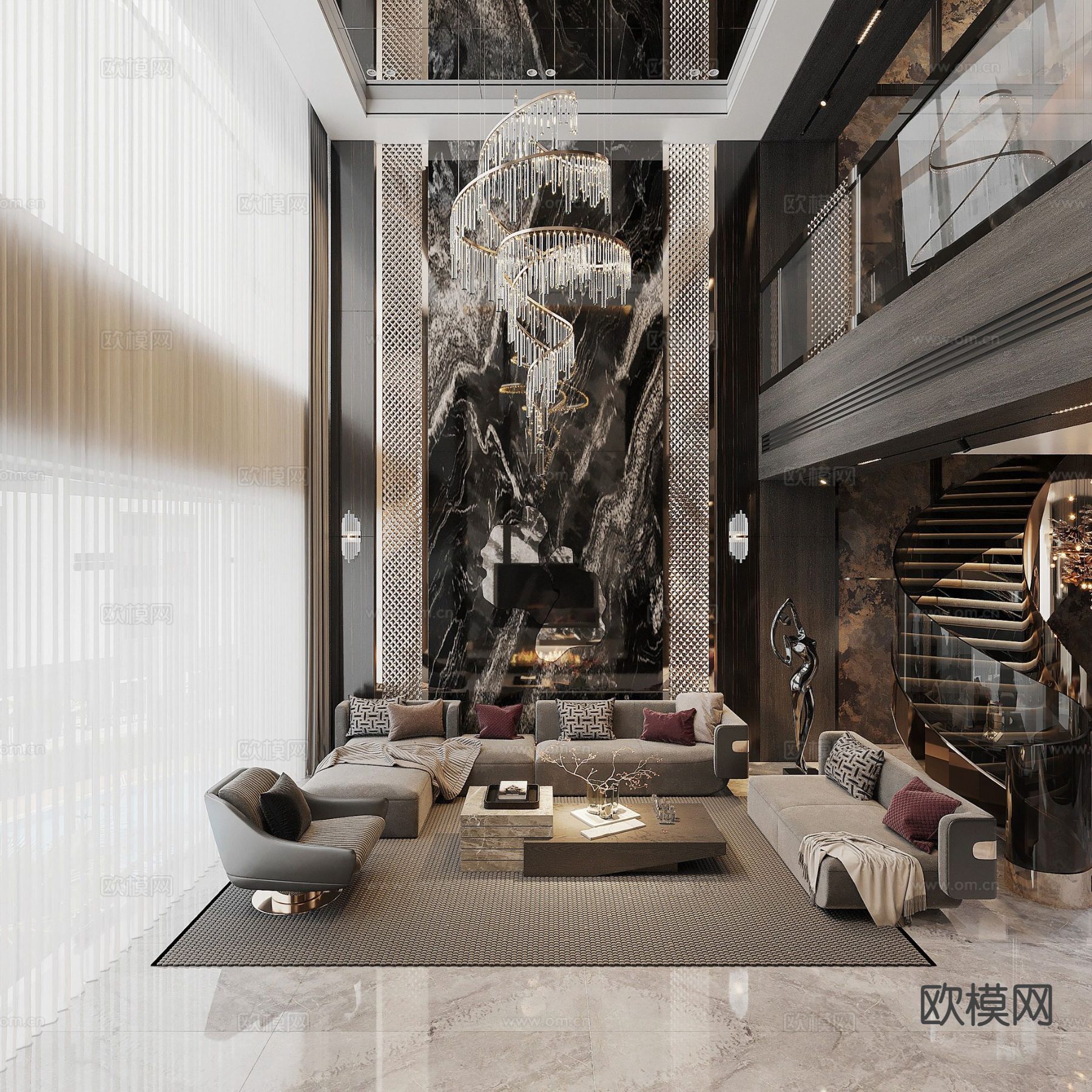 别墅客厅 别墅中空3d模型下载（渲染图1）