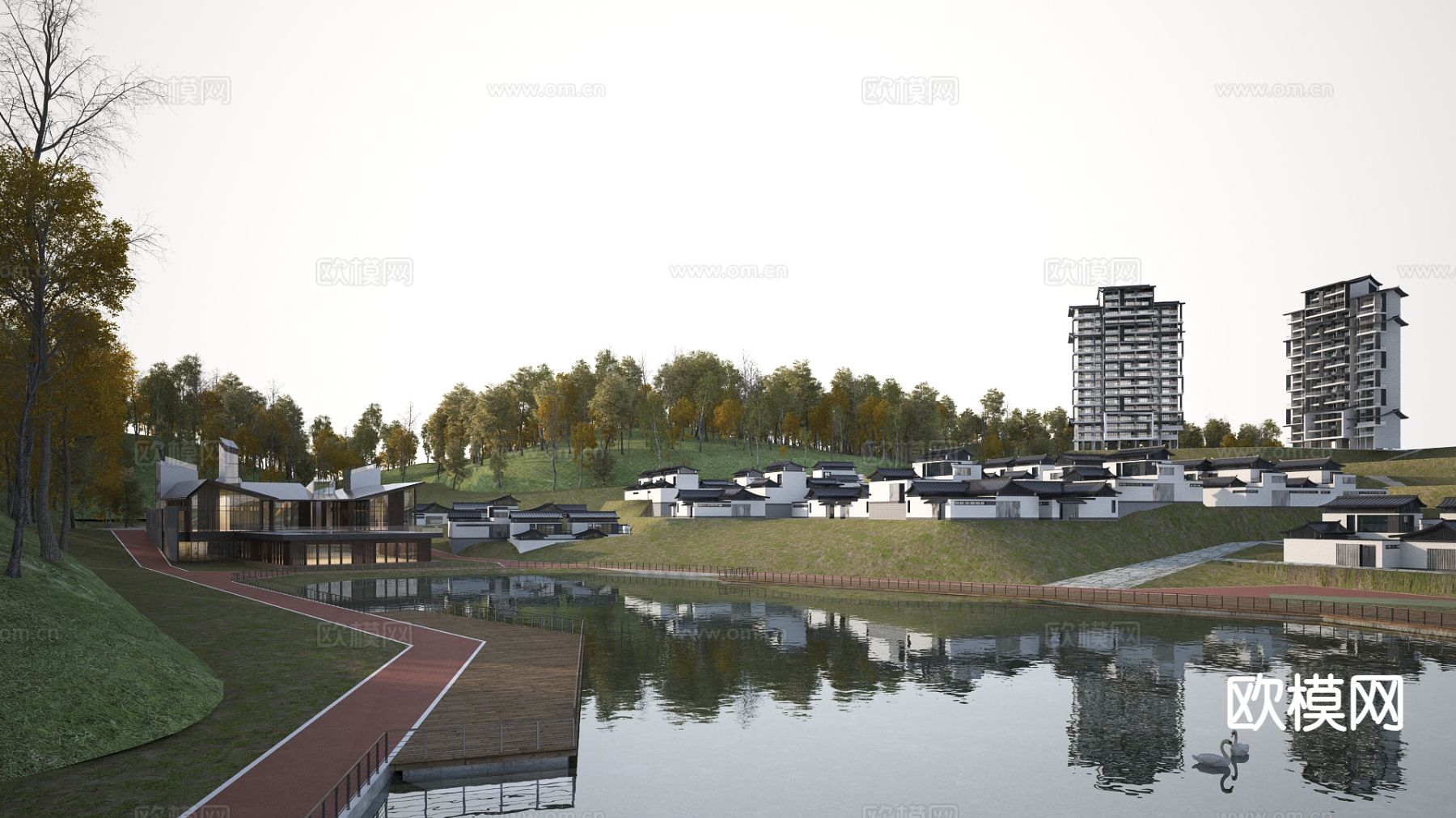 新中式 别墅群景观3d模型下载