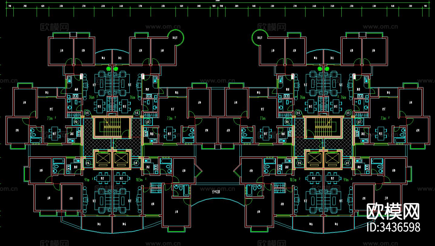 高层住宅户型经典CAD图库下载（渲染图2）
