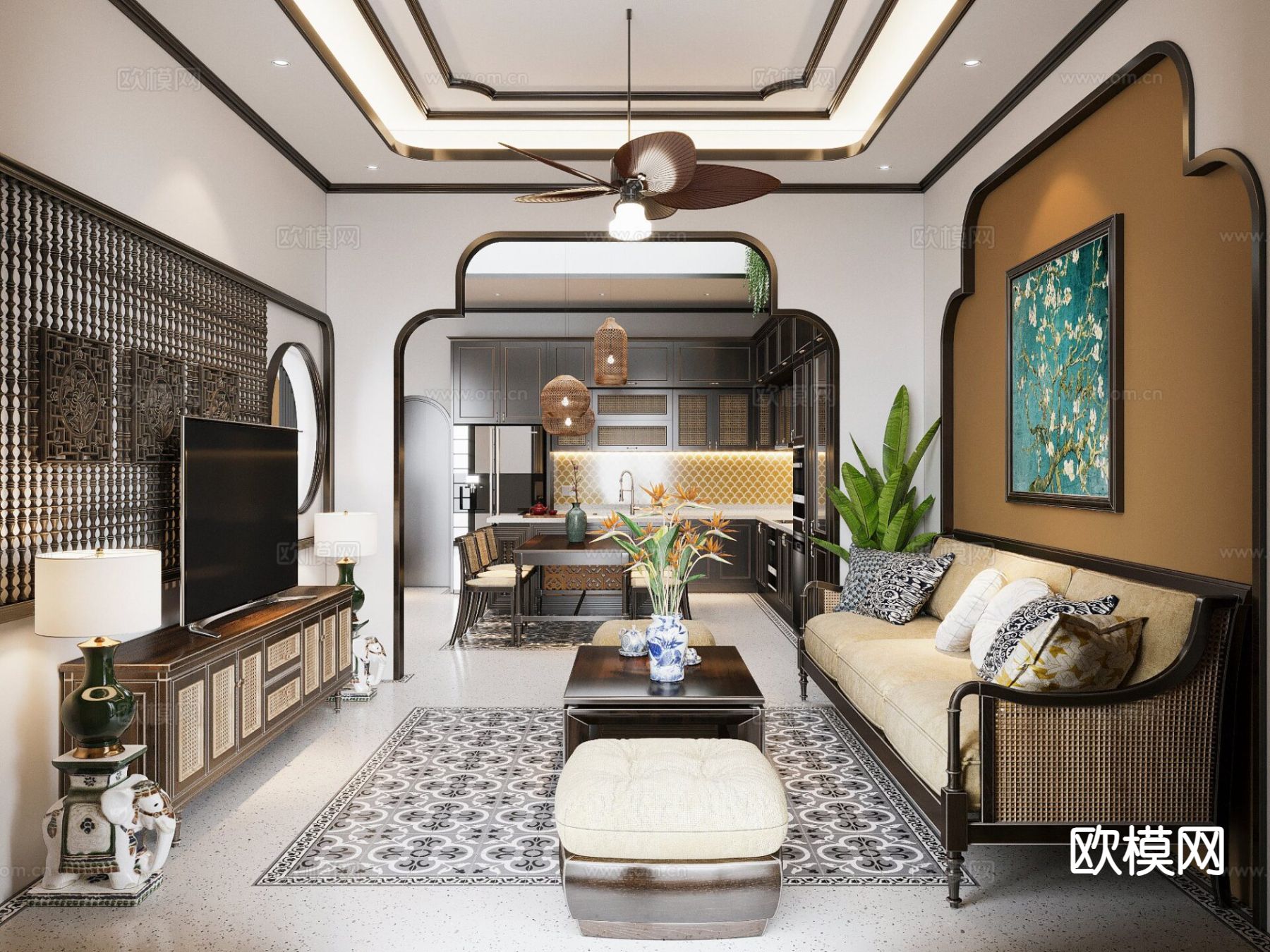 东南亚客餐厅3d模型下载（渲染图1）