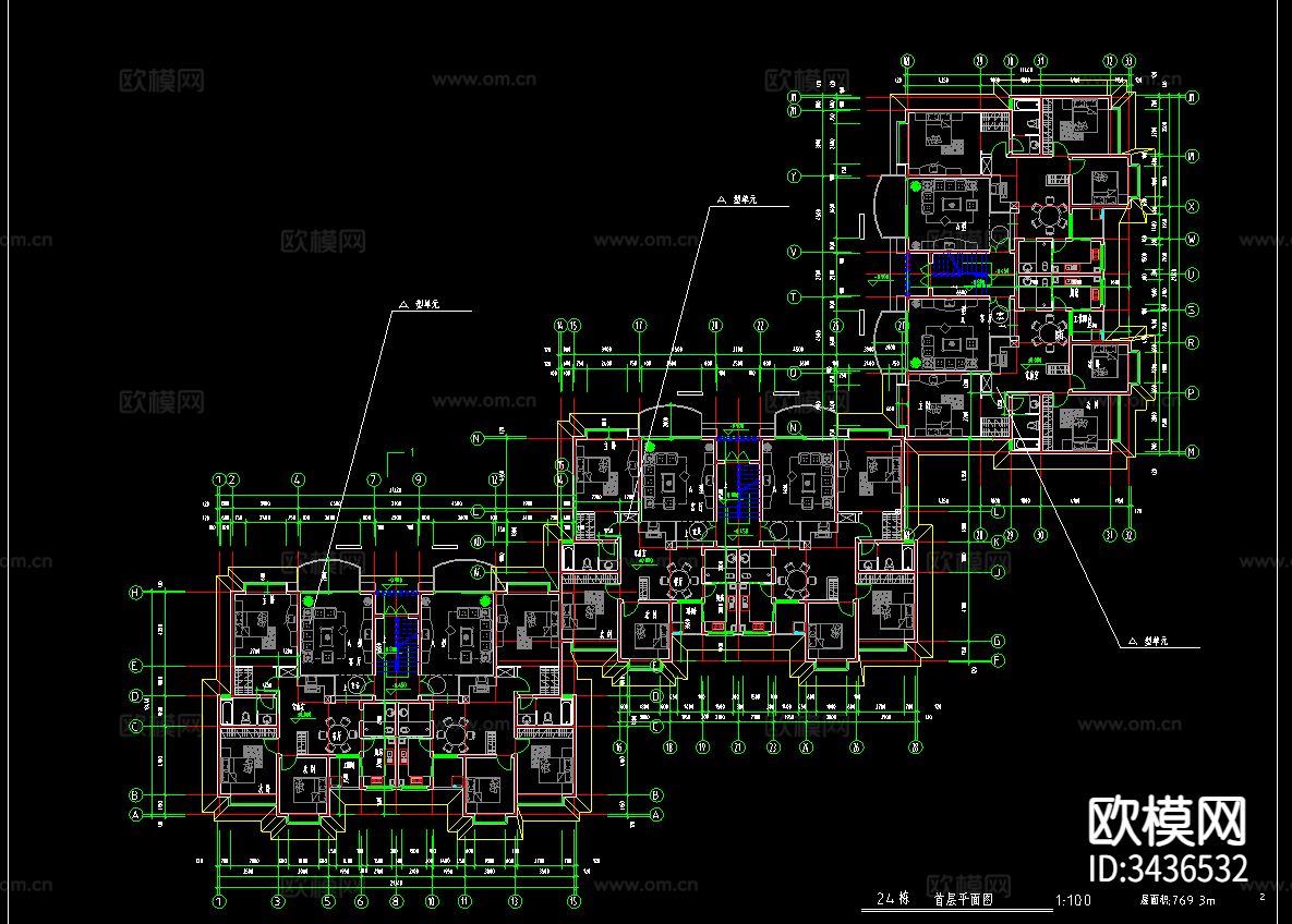 高层小区建筑CAD平面图下载（渲染图2）