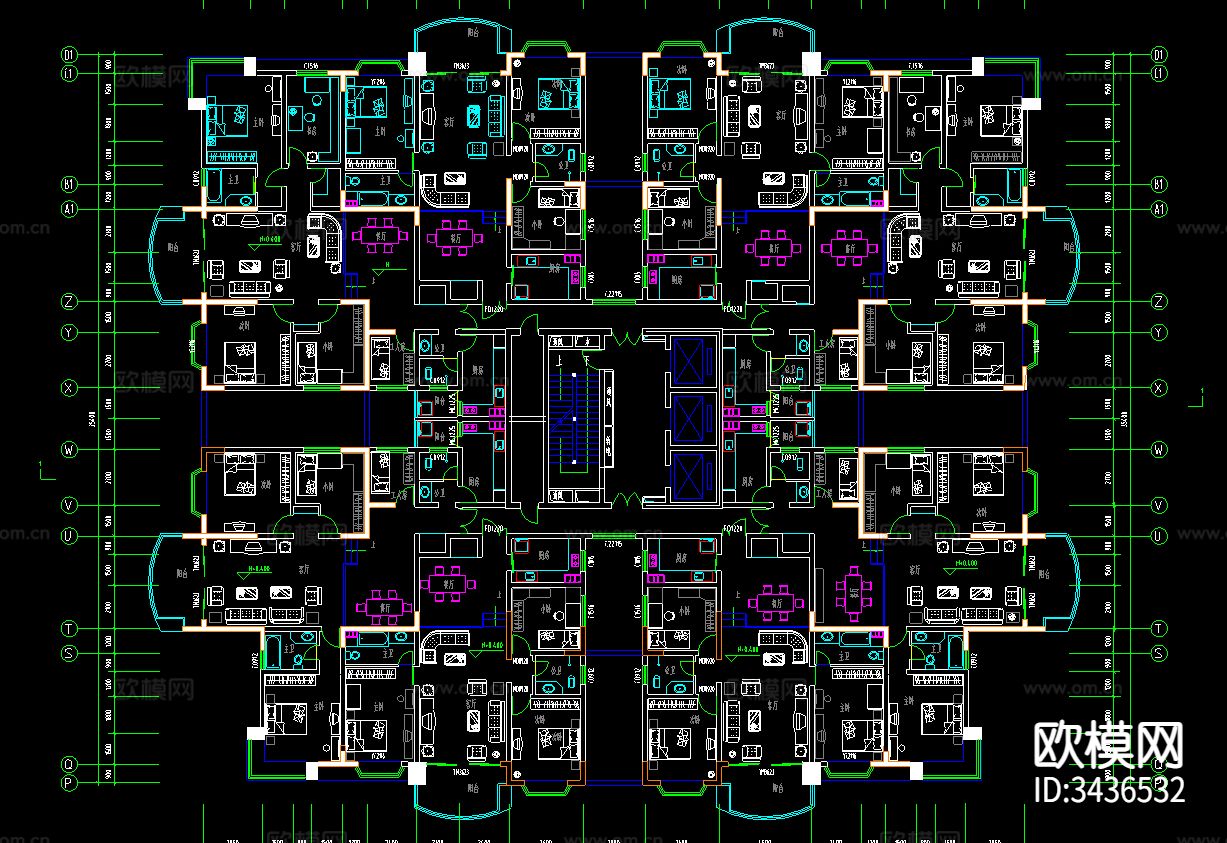 高层小区建筑CAD平面图下载（渲染图5）