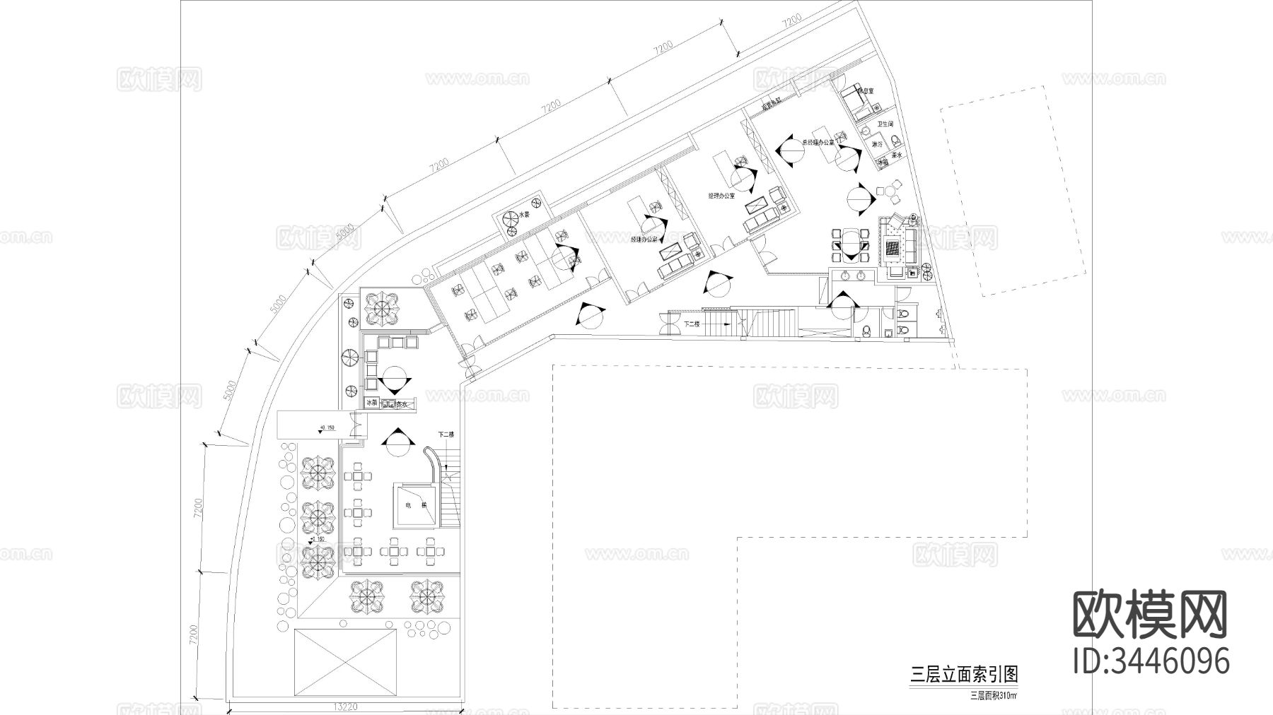 豪华办公室cad平立面图下载（渲染图2）