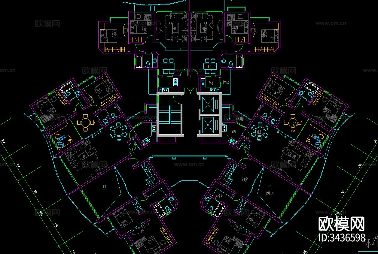 高层住宅户型经典CAD图库下载（渲染图3）