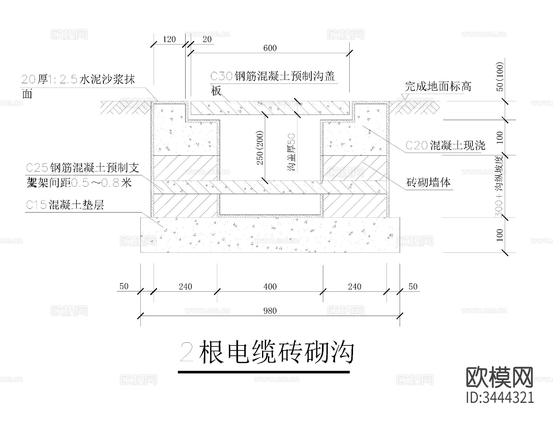 常用电缆沟cad大样图下载（渲染图1）