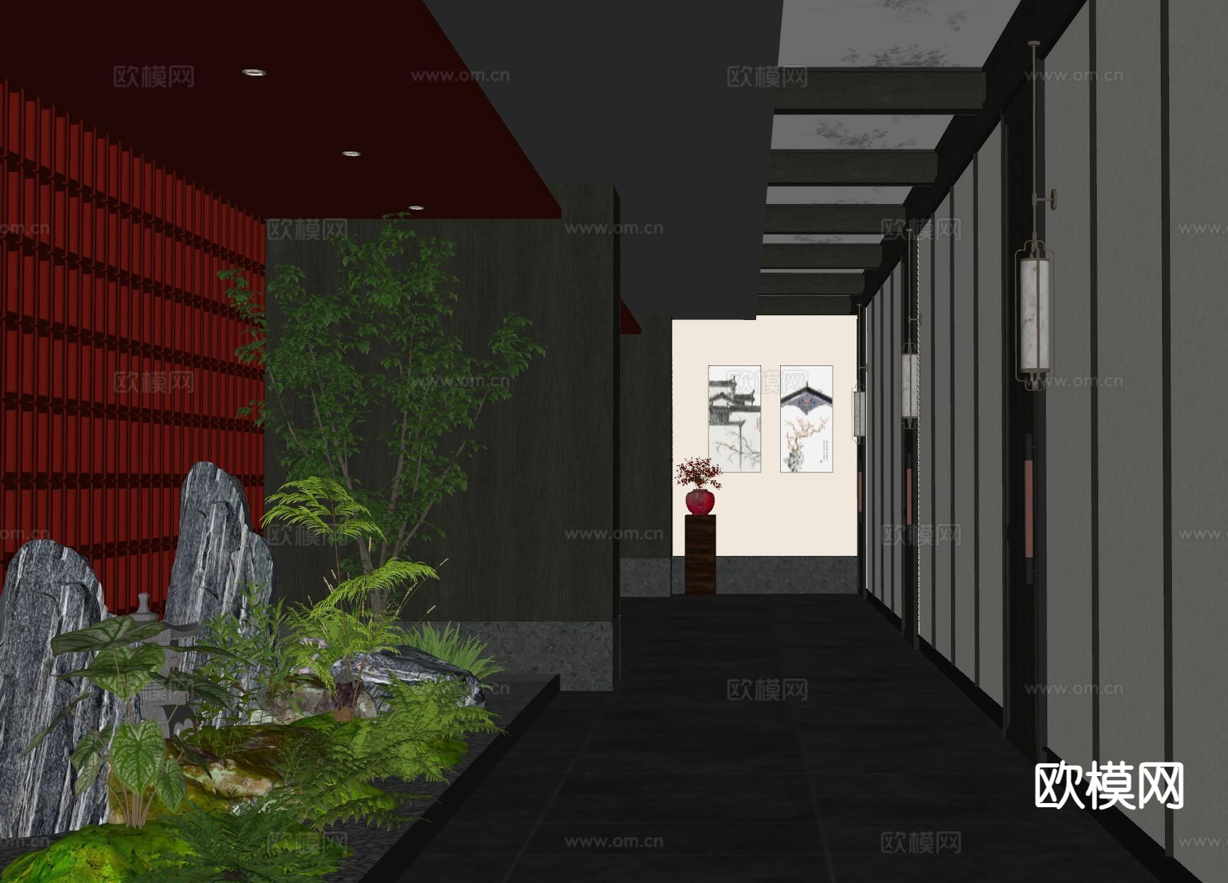 新中式过道 走廊景观su模型下载（渲染图1）