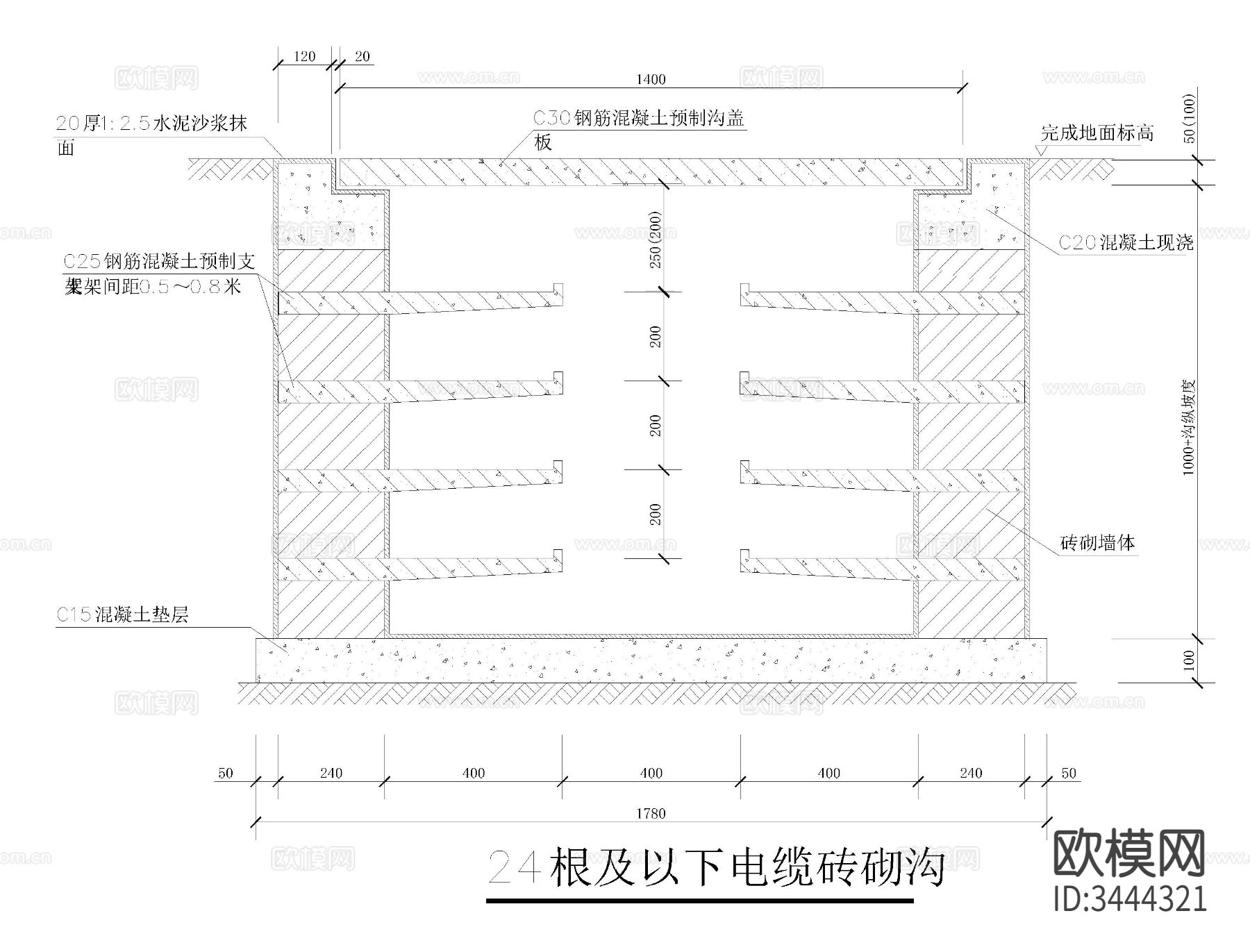 常用电缆沟cad大样图下载（渲染图7）
