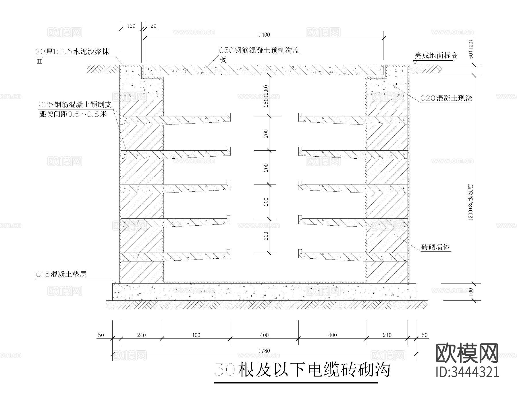 常用电缆沟cad大样图下载（渲染图8）