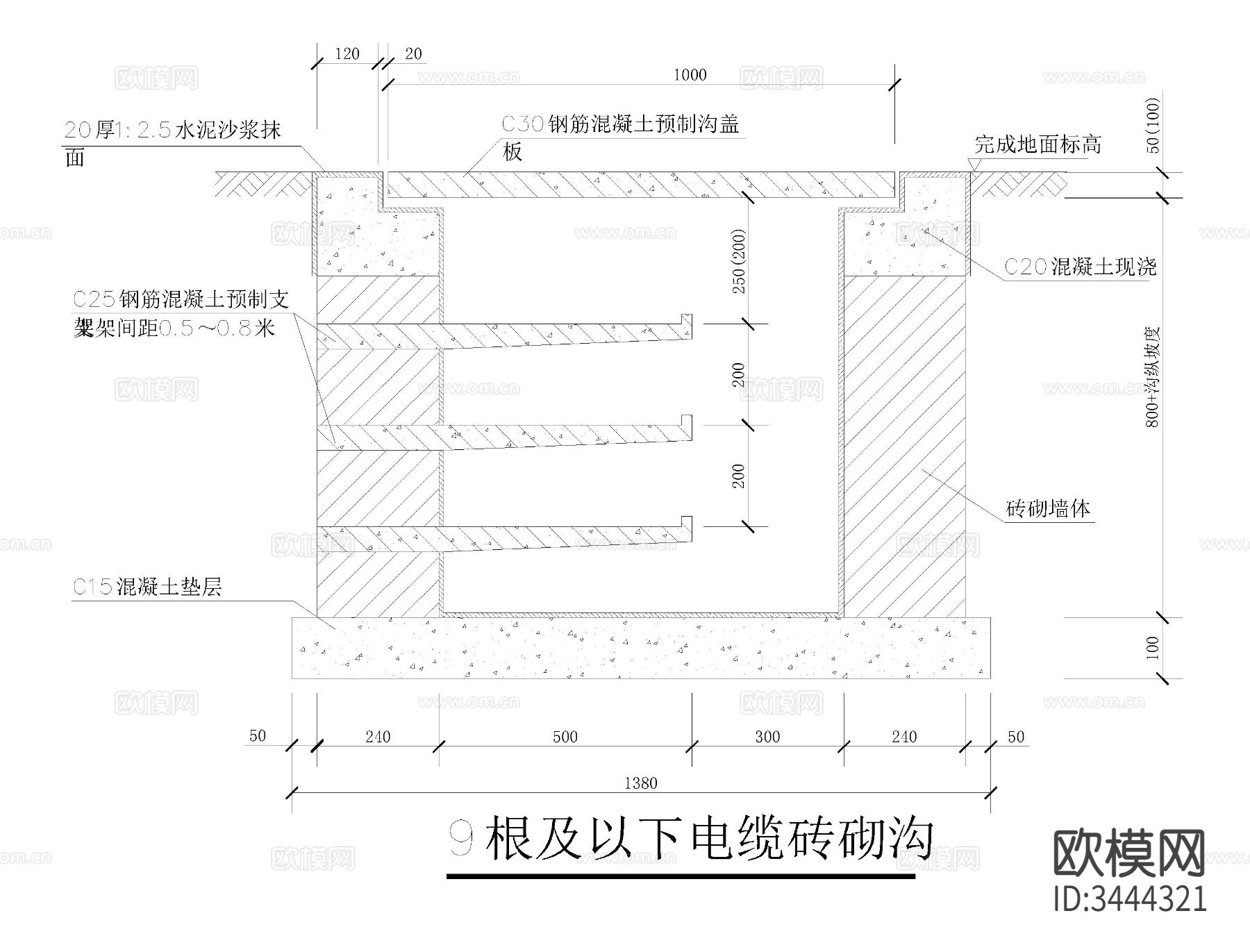 常用电缆沟cad大样图下载（渲染图4）