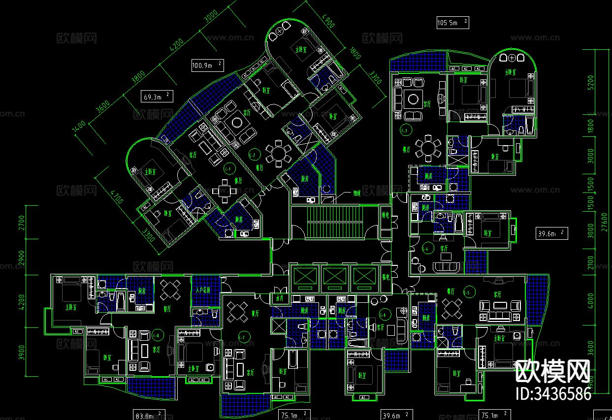 高层住宅户型建筑CAD图库下载（渲染图6）