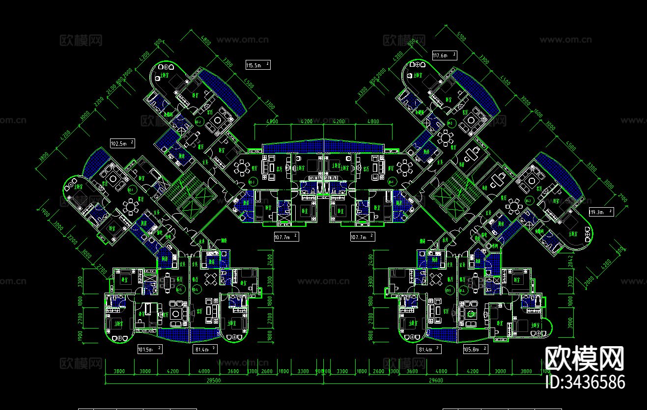 高层住宅户型建筑CAD图库下载（渲染图1）