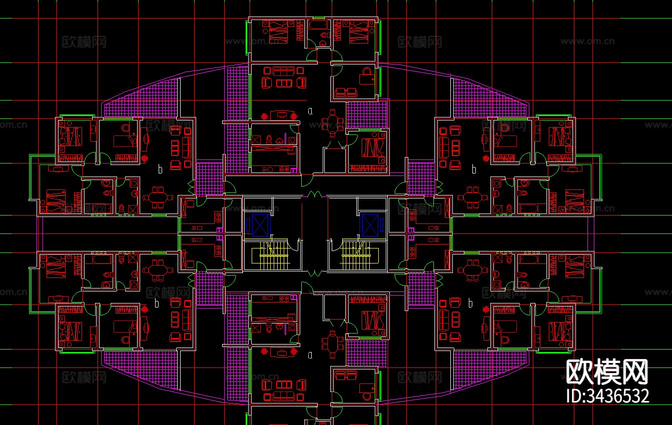 高层小区建筑CAD平面图下载（渲染图3）
