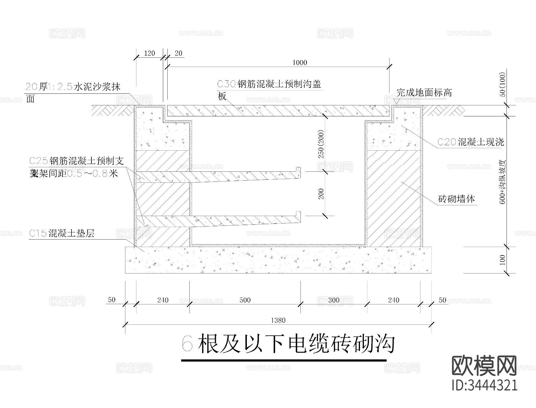 常用电缆沟cad大样图下载（渲染图3）
