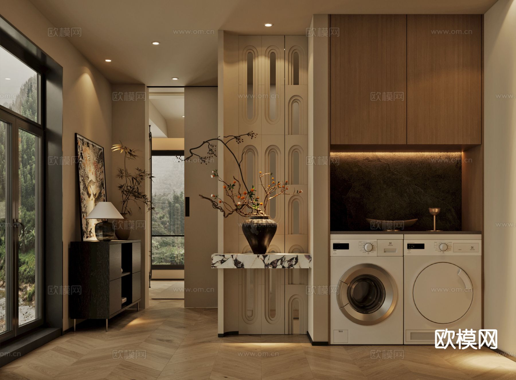 原木风阳台 洗衣房3d模型下载（渲染图1）