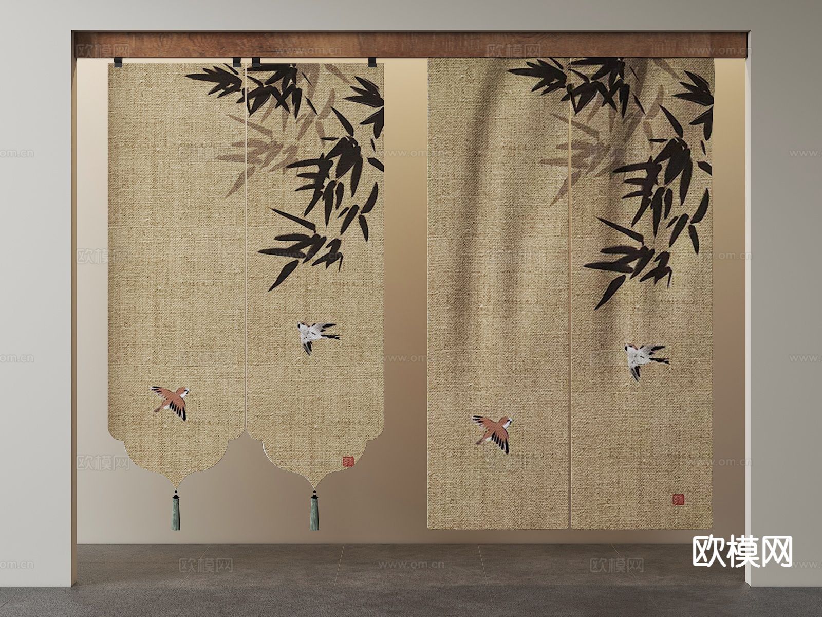 新中式布帘 门帘su模型下载（渲染图2）