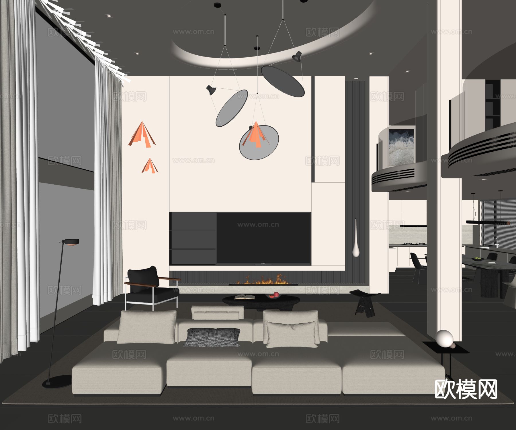 现代挑空客厅 客餐厅su模型下载（渲染图1）