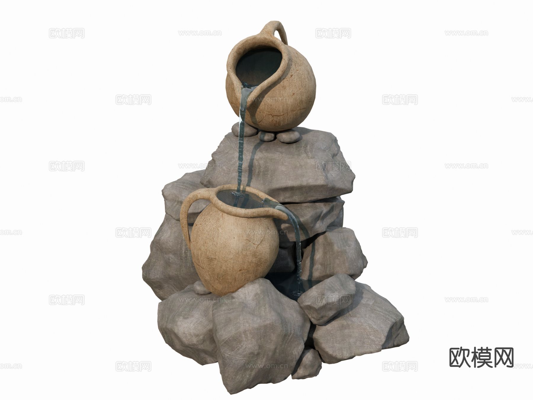 新中式陶罐流水3d模型下载