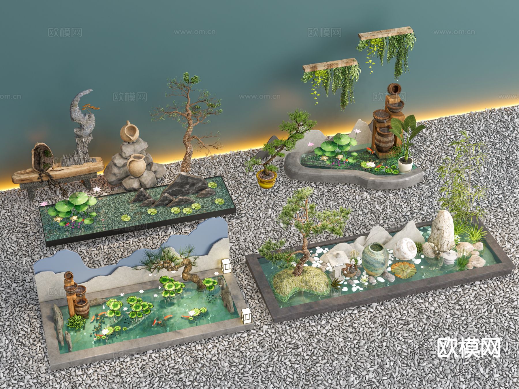 新中式庭院水景3d模型下载