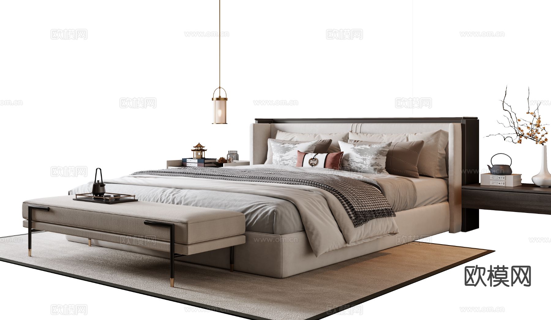 新中式双人床3d模型下载